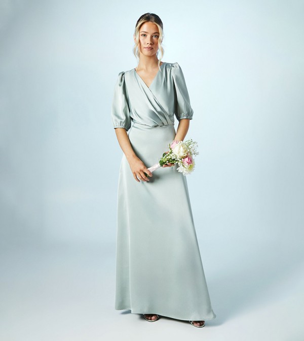 Teen Puff Sleeves Satin Bridesmaids Dress