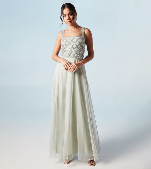 Diamante Geo Bodice Tulle Bridesmaids Maxi Dress