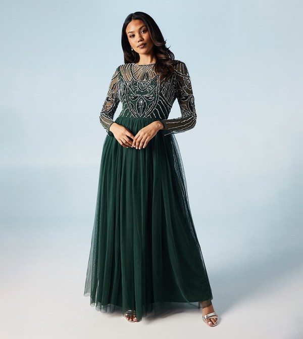 Embellished Long Sleeves Tulle Bridesmaids Dress