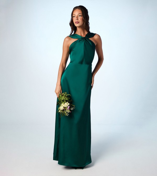 Twisted Halterneck Satin Maxi Dress