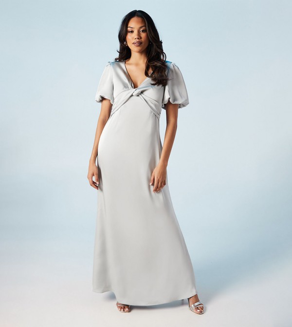 Twist Detail Puff Sleeves Satin Bridesmaids Maxi Dress
