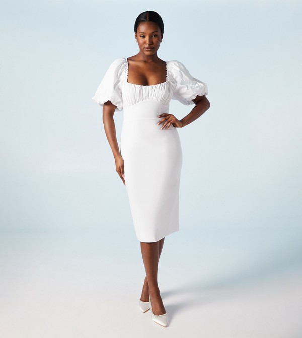 Ruched Bodice Puff Sleeves Column Midi Wedding Dress