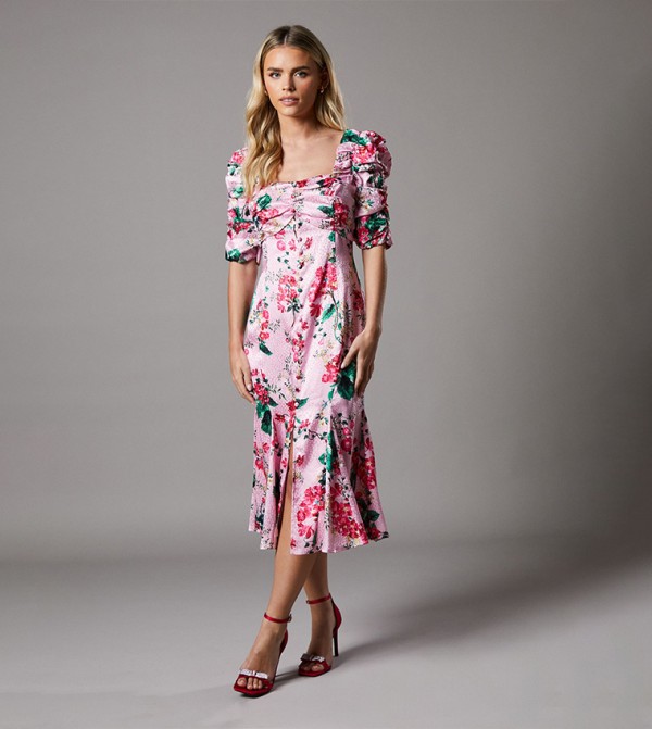 Petite Floral Print Satin Midi Dress
