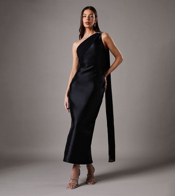 One Shoulder Twill Diamante Brooch Maxi Dress