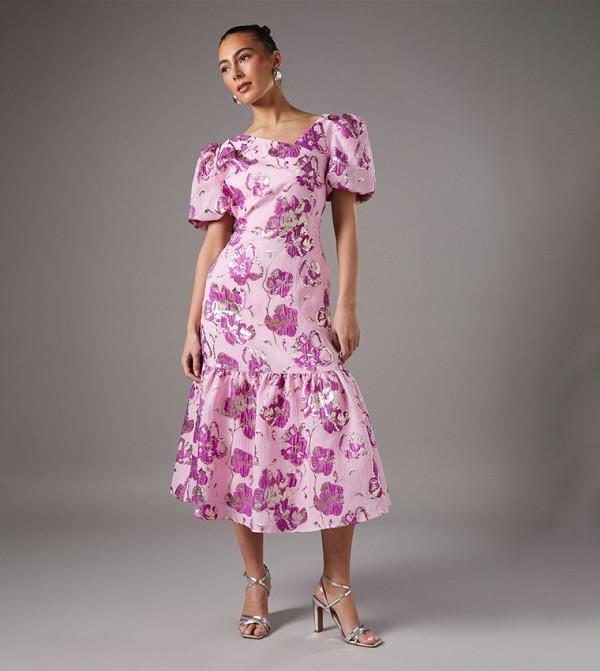 Metallic Floral Jacquard Midi Dress