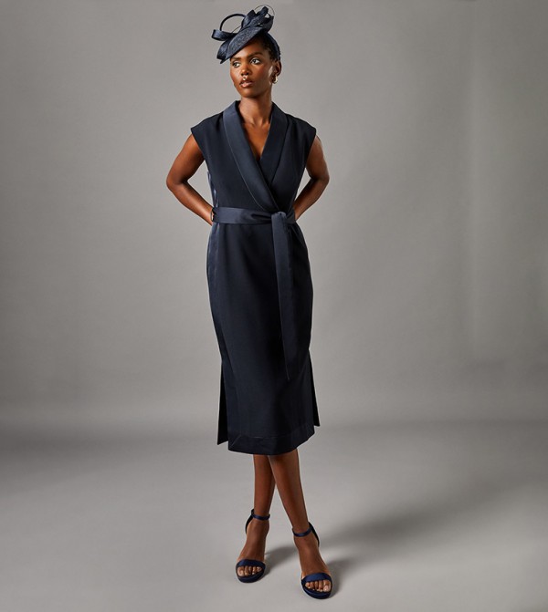 Tux Shawl Neck Satin Midi Dress
