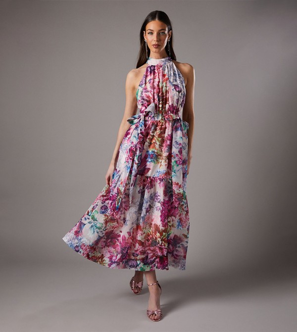 Printed Halterneck Tiered Maxi Dress