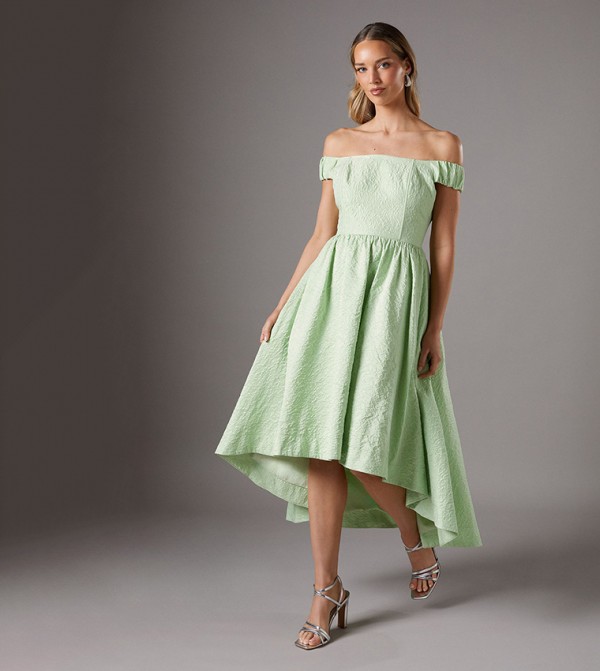 Off Shoulder Puff Ball Midi Dress