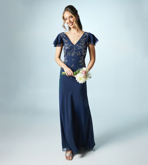 Trailing Floral Tie Back Embellished Bridesmaids Dress