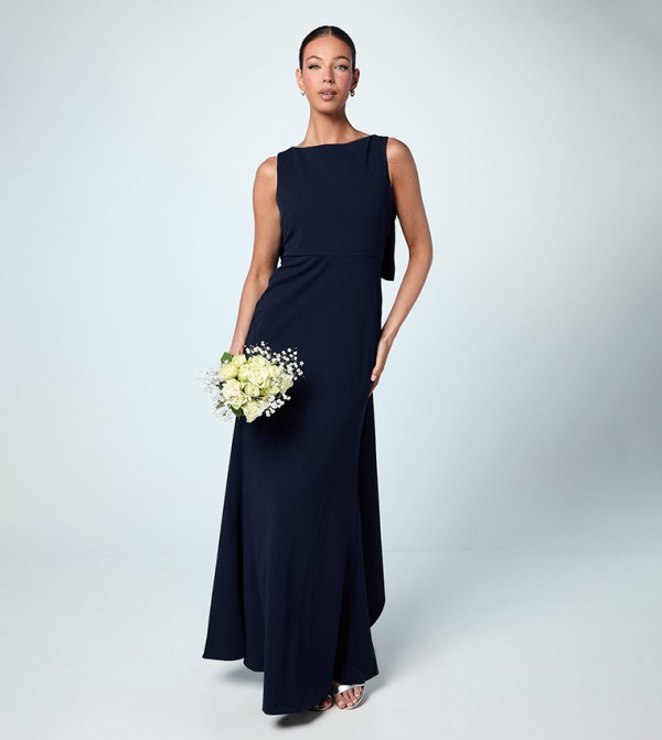Bow Back Sculpting Crepe Bridesmaids Maxi Dress
