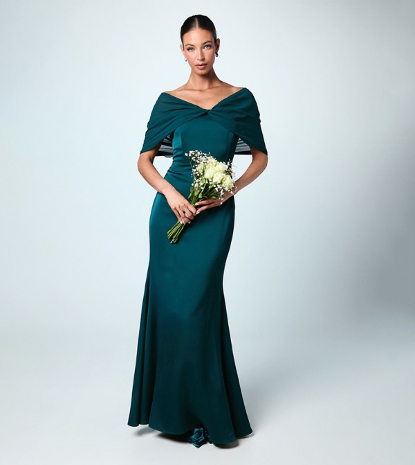 Chiffon Bardot Satin Bridesmaids Maxi Dress