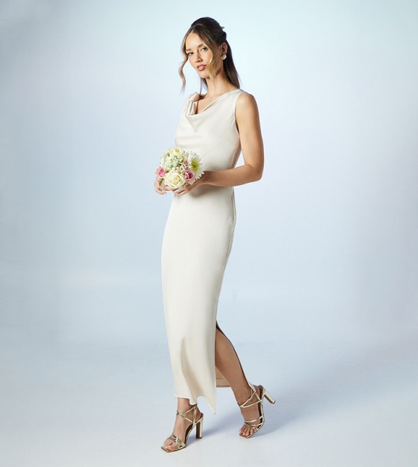 Cowl Detail Tie Shoulder Column Satin Bridesmaids Maxi Dress