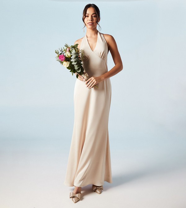 Solid Halterneck Satin Bridesmaids Maxi Dress