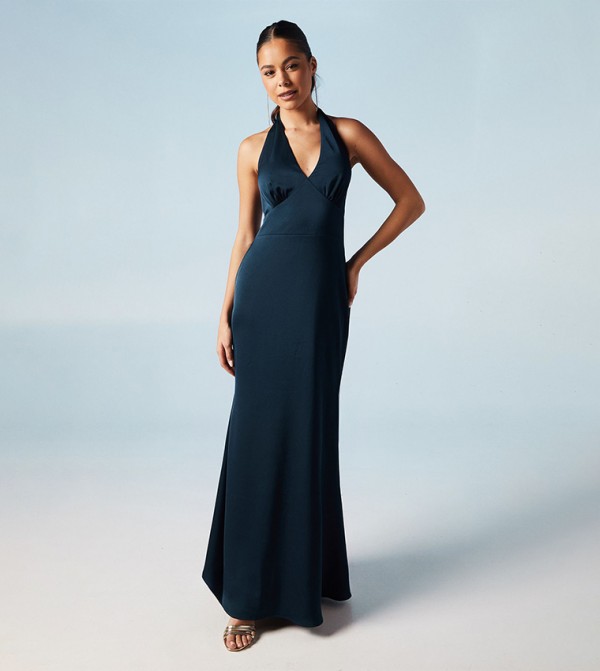 Solid Halterneck Satin Bridesmaids Maxi Dress