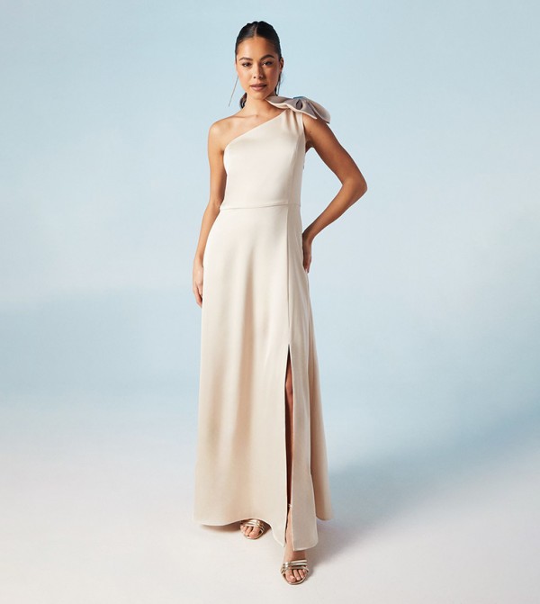 Bow Detail One Shoulder A Line Skirt Bridesmaids Maxi Dress