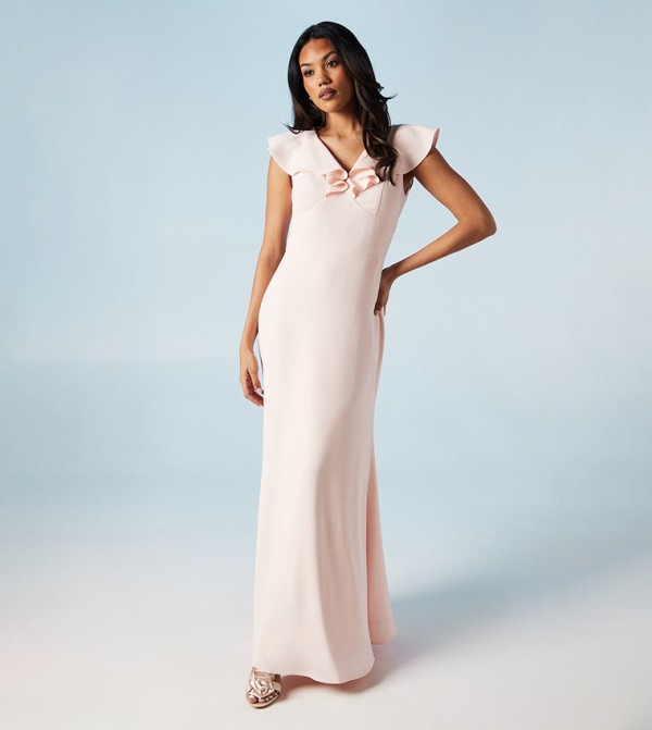 V-Neck Ruffled Detail Crepe Maxi Dress