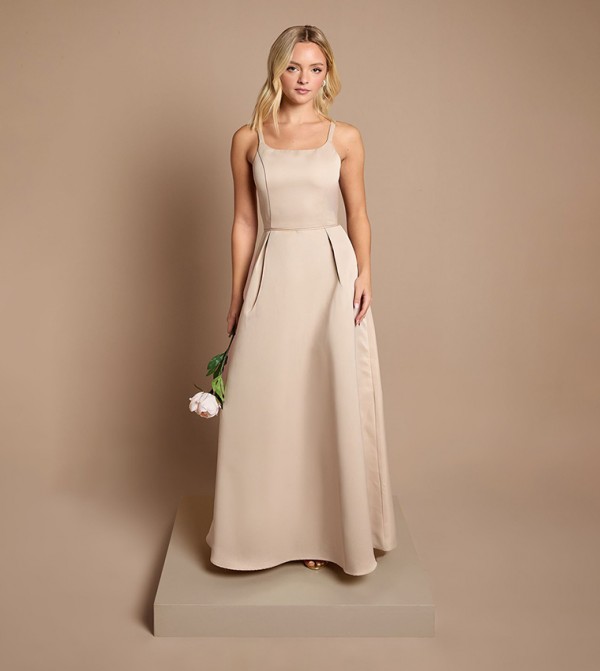 Teen Structured Satin Full Skirted Maxi Bridesmaid Dress