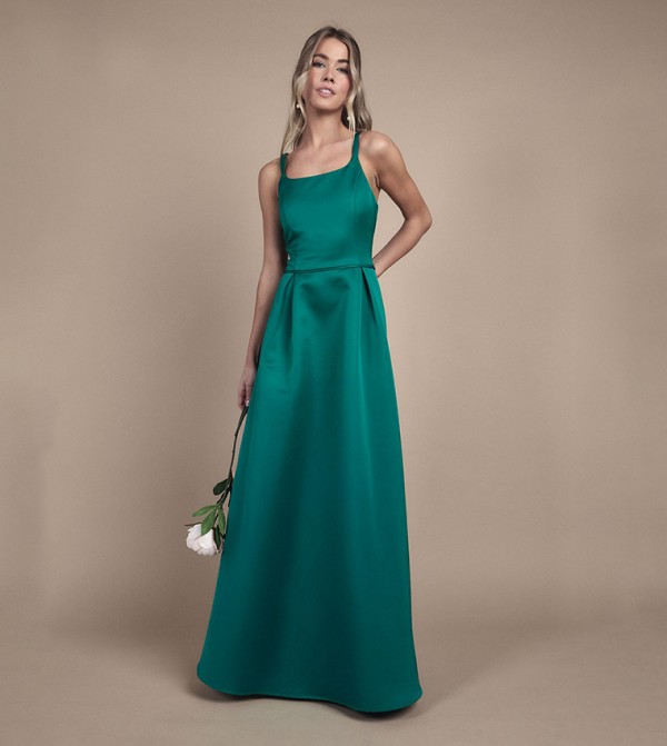 Teen Structured Satin Full Skirted Maxi Bridesmaid Dress