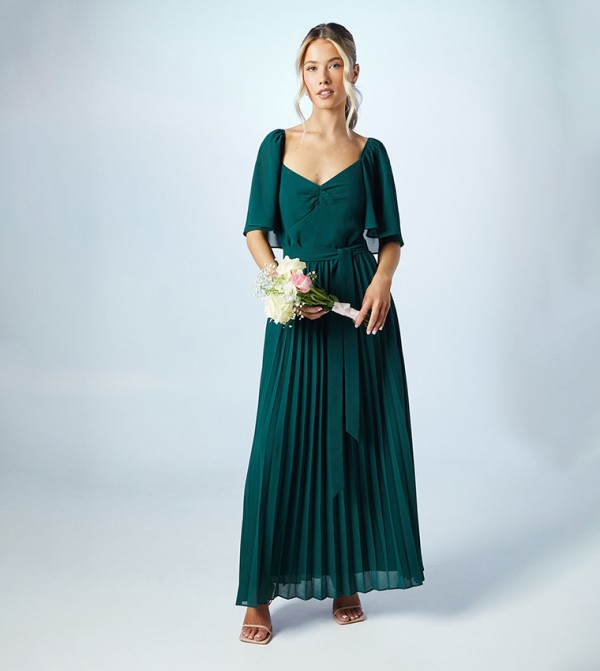 Pleated Georgette Flared Sleeves Bridesmaids Maxi Dress