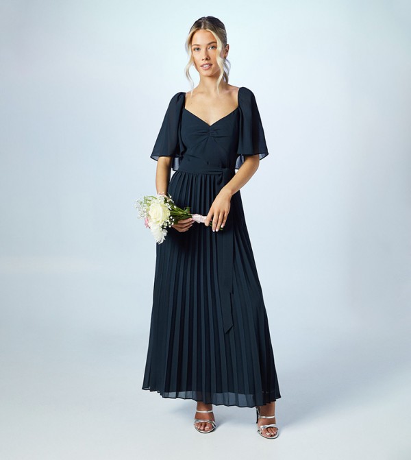 Pleated Georgette Flared Sleeves Bridesmaids Maxi Dress