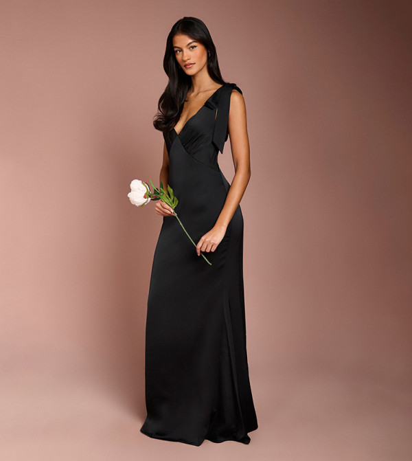 Petite Satin Back Crepe Tie Shoulder Maxi Bridesmaid Dress