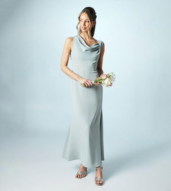 Petite Twist Detail Cowl Neck Satin Maxi Dress