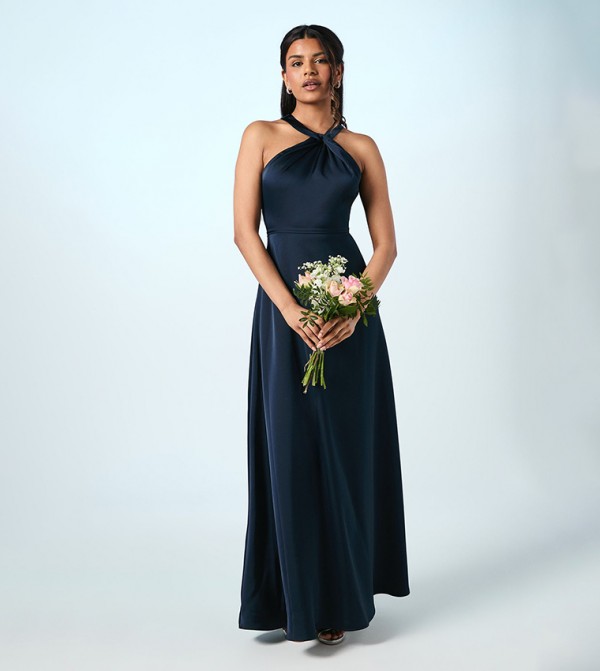 Petite Twist Halterneck Satin Maxi Bridesmaid Dress