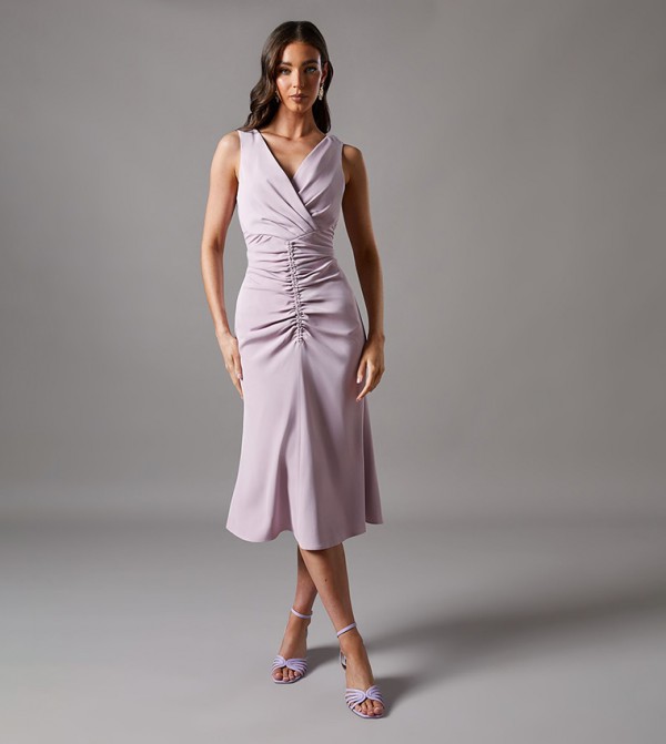 Ruched V-Neck Sleeveless Midi Dress