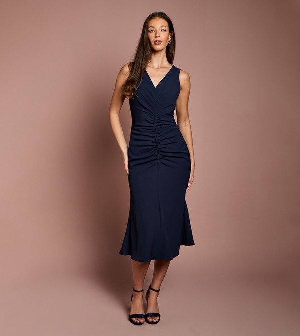Sleeveless Ruched Vee Midi Dress