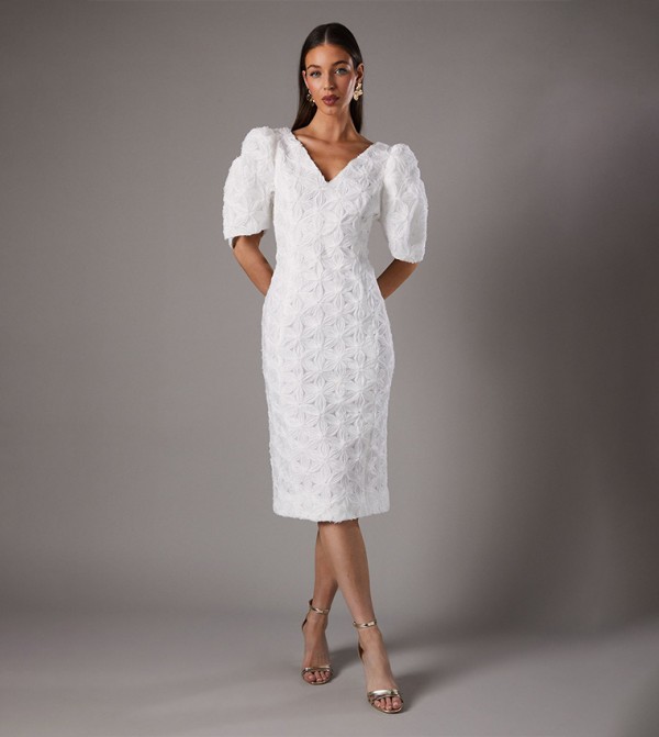 Floral Pleated Short Sleeves Pencil Midi Dress