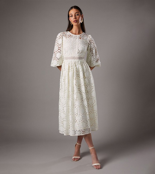 Geo Lace Blouson Sleeves Midi Dress