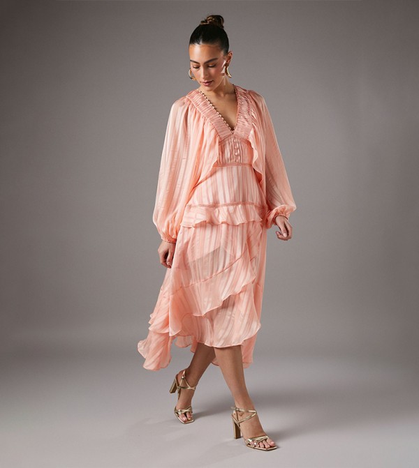 Frill Blouson Sleeves Midi Dress