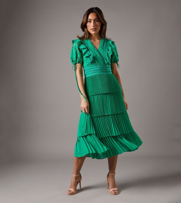 Lace Frill V-Neck Midi Dress