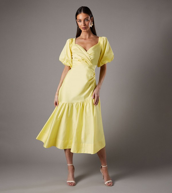 Plunge Neck Puff Sleeves Midi Dress