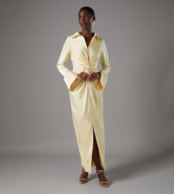 Collared Flared Sleeves Satin Maxi Dress