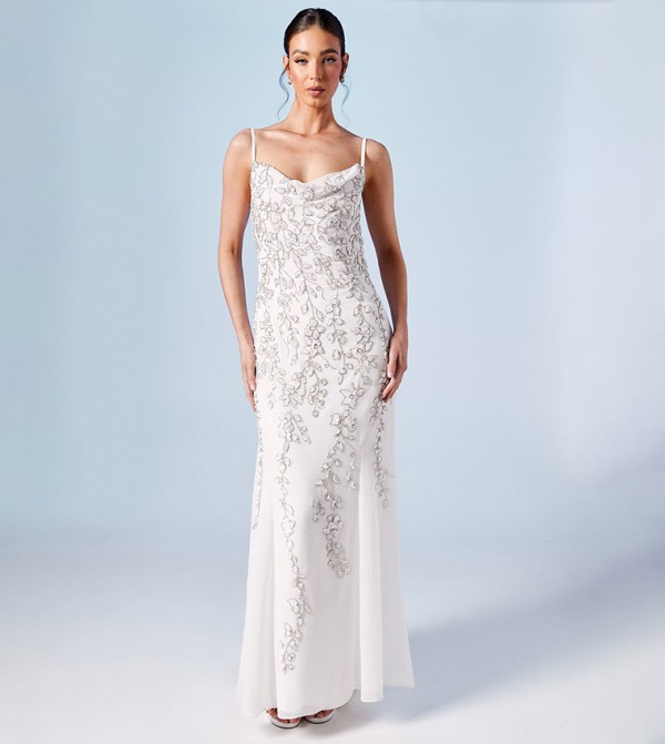 Floral Embellished Cowl Neck Trailing Wedding Dress