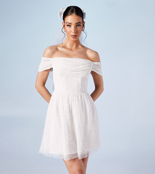Embellished Bardot Bridal Mini Dress