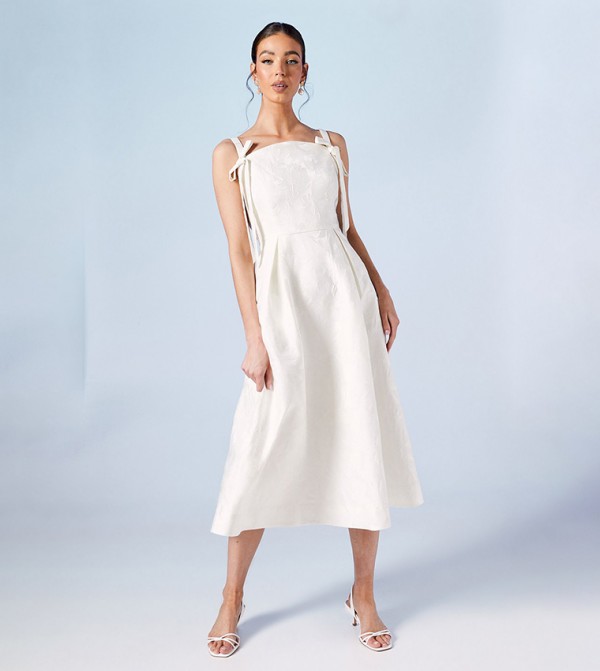 Jacquard Bridal Midi Dress with Tie Detail