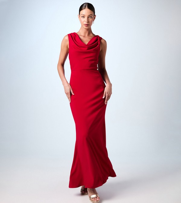 Twist Detail Cowl Neck Satin Maxi Dress