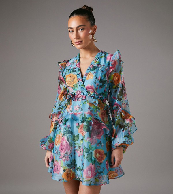 Floral Print Long Sleeves Mini Dress