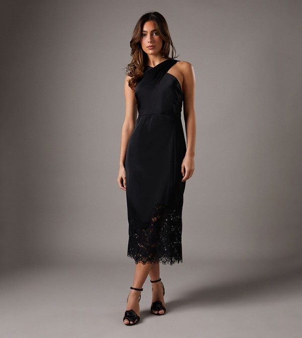 Lace Hem Halter Neck Satin Midi Dress