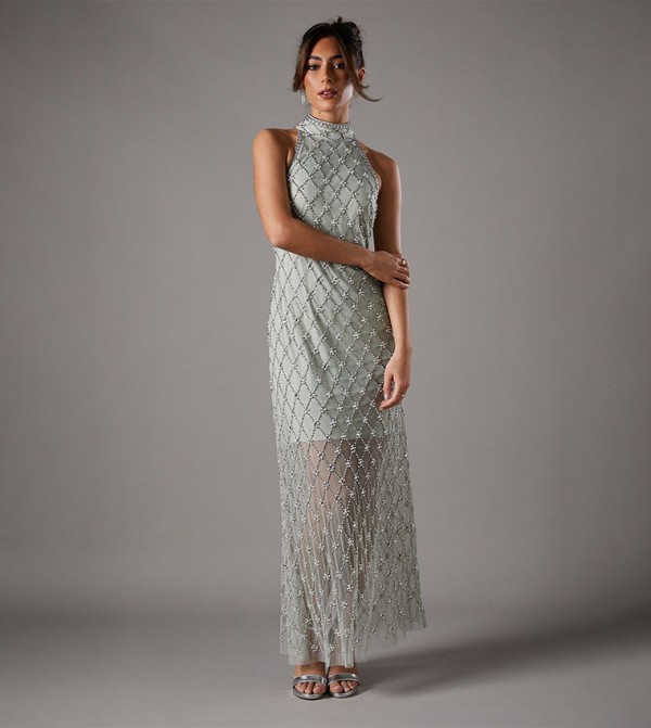 All Over Embellished High Neck Maxi Dress