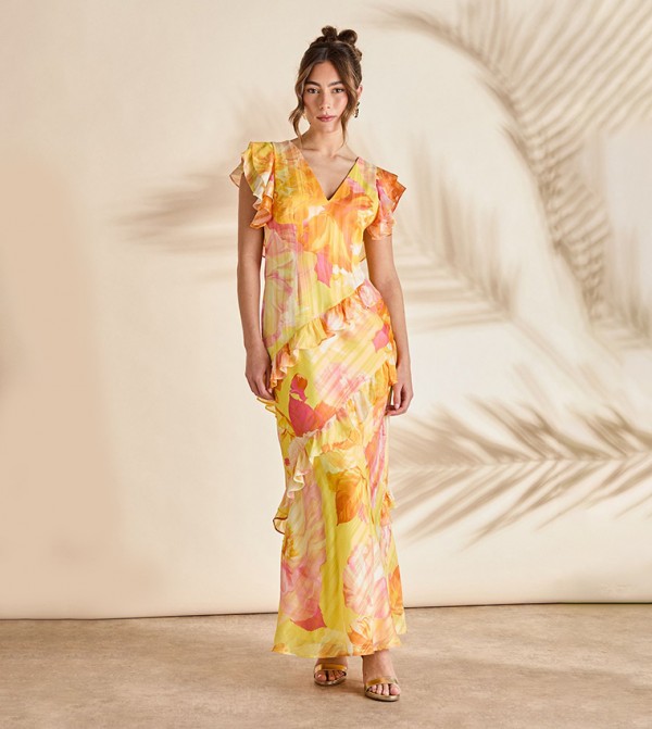 Frill V-Neck Fitted Maxi Dress
