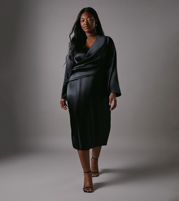 Curve Satin Flared Sleeves Wrap Front Midi Dress