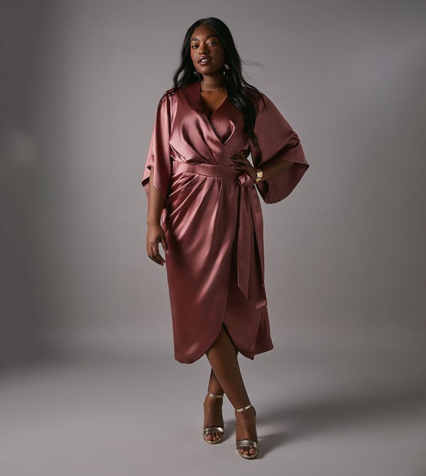 Curve Satin Pleat Front Midi Wrap Dress