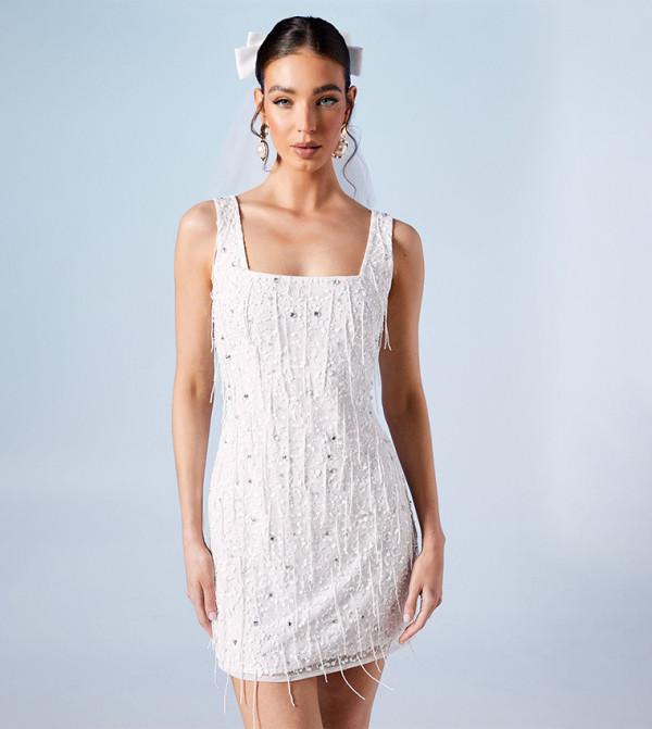 Sequined and Fringe Embellished Mini Party Dress