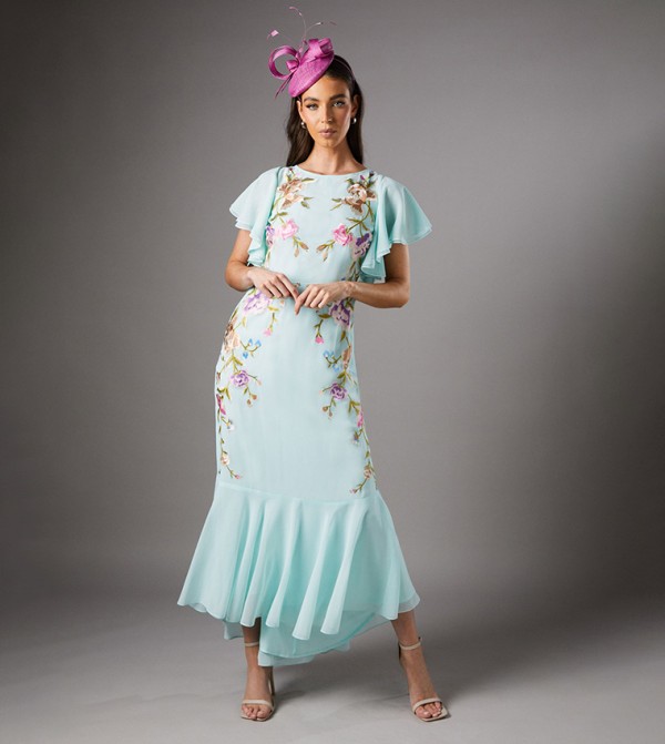 Embroidered Flutter Sleeves Midi Dress