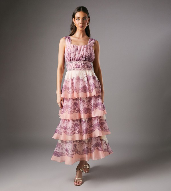 Printed Organza Shoulder Strap Layered Dress