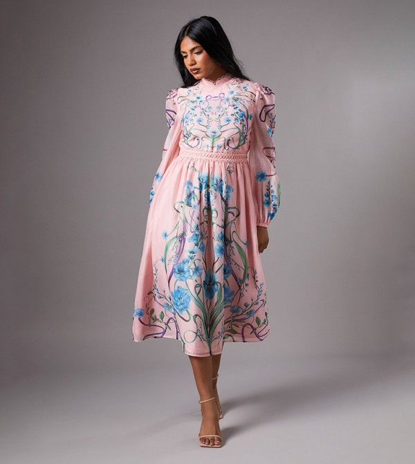 Petite Printed Midi Dress with Blouson Sleeves