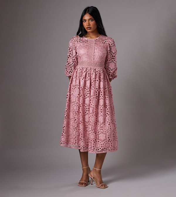 Petite Geo Lace Puff Sleeves Midi Dress